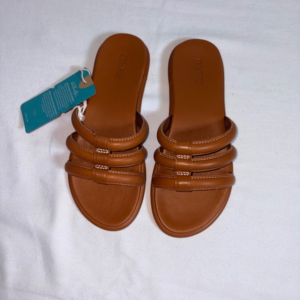 OluKai Tiare Slide 6 Fox Brown NEW Leather Triple Strap Puffy Comfort Sandals